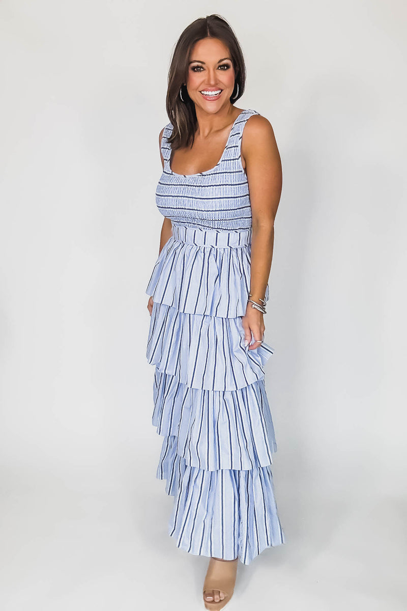 Mable PIN STRIPE SMOCKED BODICE TIERED MIDI DRESS