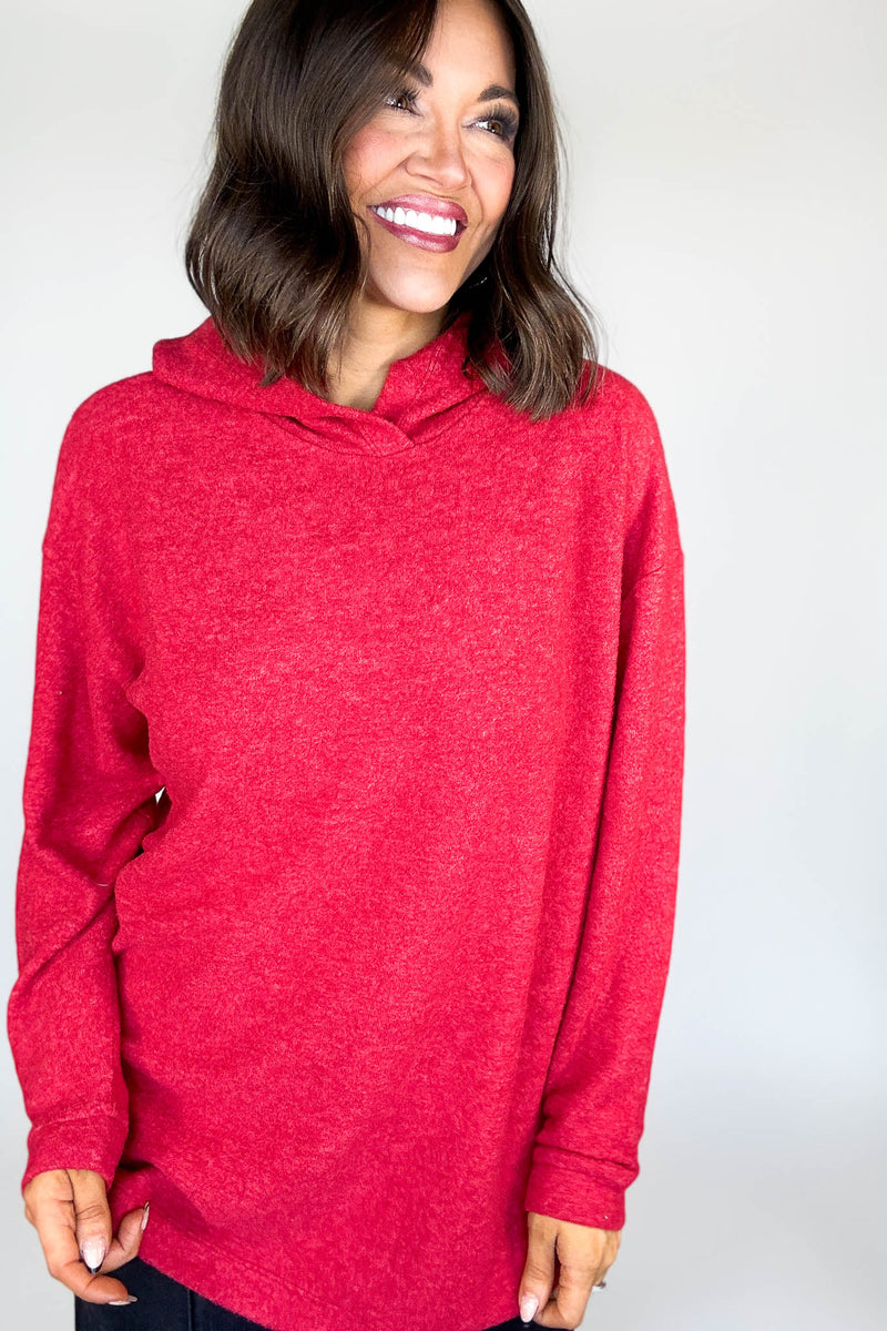 Hooded Red Brushed Melange Hacci Sweater