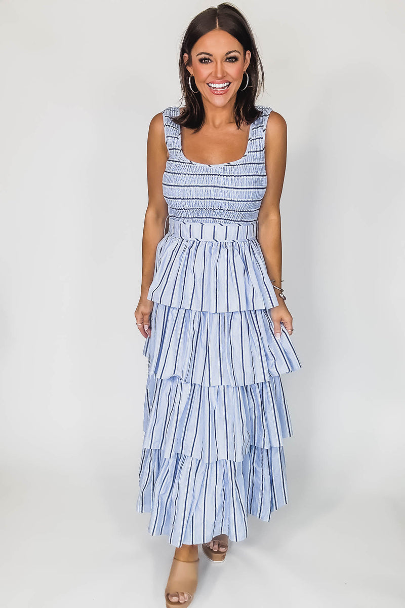 Mable PIN STRIPE SMOCKED BODICE TIERED MIDI DRESS