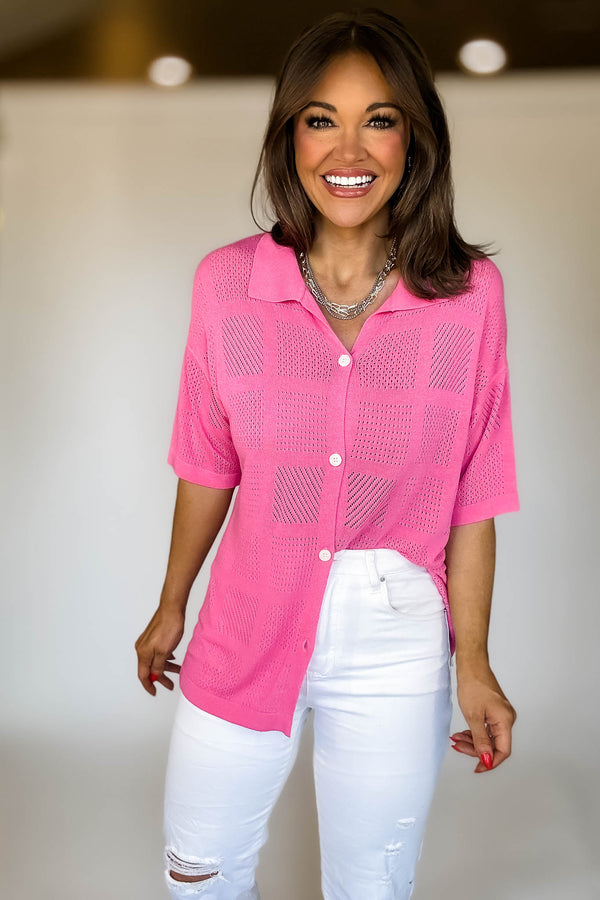 Pink Solid Color Button Down Jacqurd Knitted Shirt