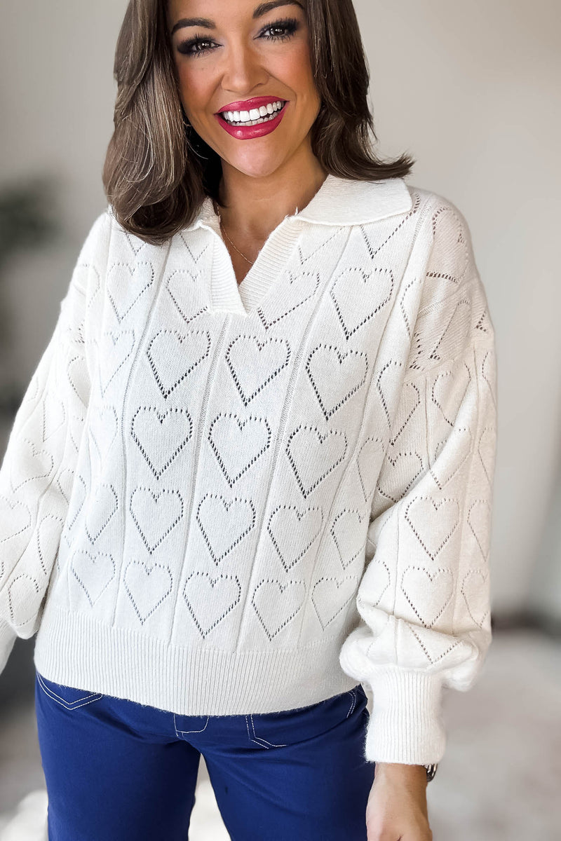 Ivory Heart Pattern Long Sleeve Sweater Top
