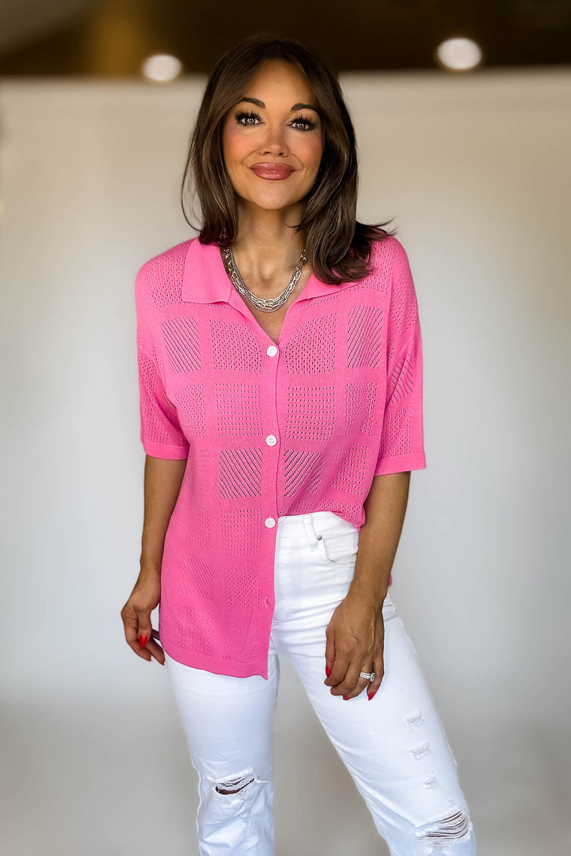 Pink Solid Color Button Down Jacqurd Knitted Shirt