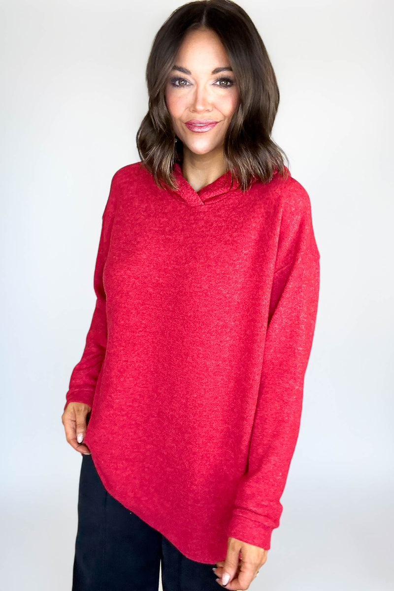 Hooded Red Brushed Melange Hacci Sweater