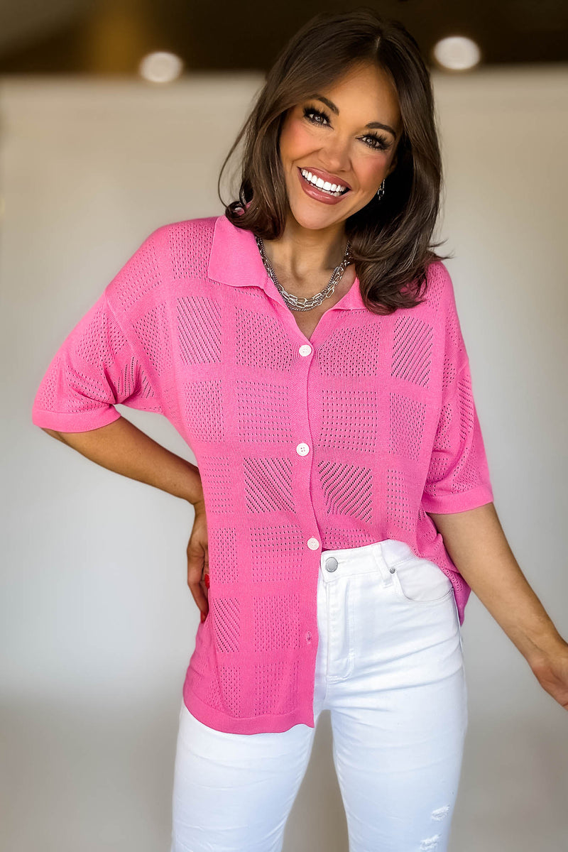 Pink Solid Color Button Down Jacqurd Knitted Shirt
