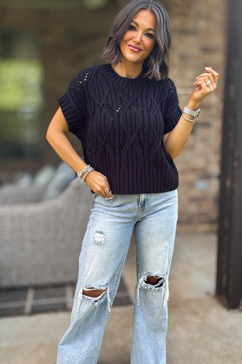 Perfect Black Cable Knit Short Sleeve Sweater