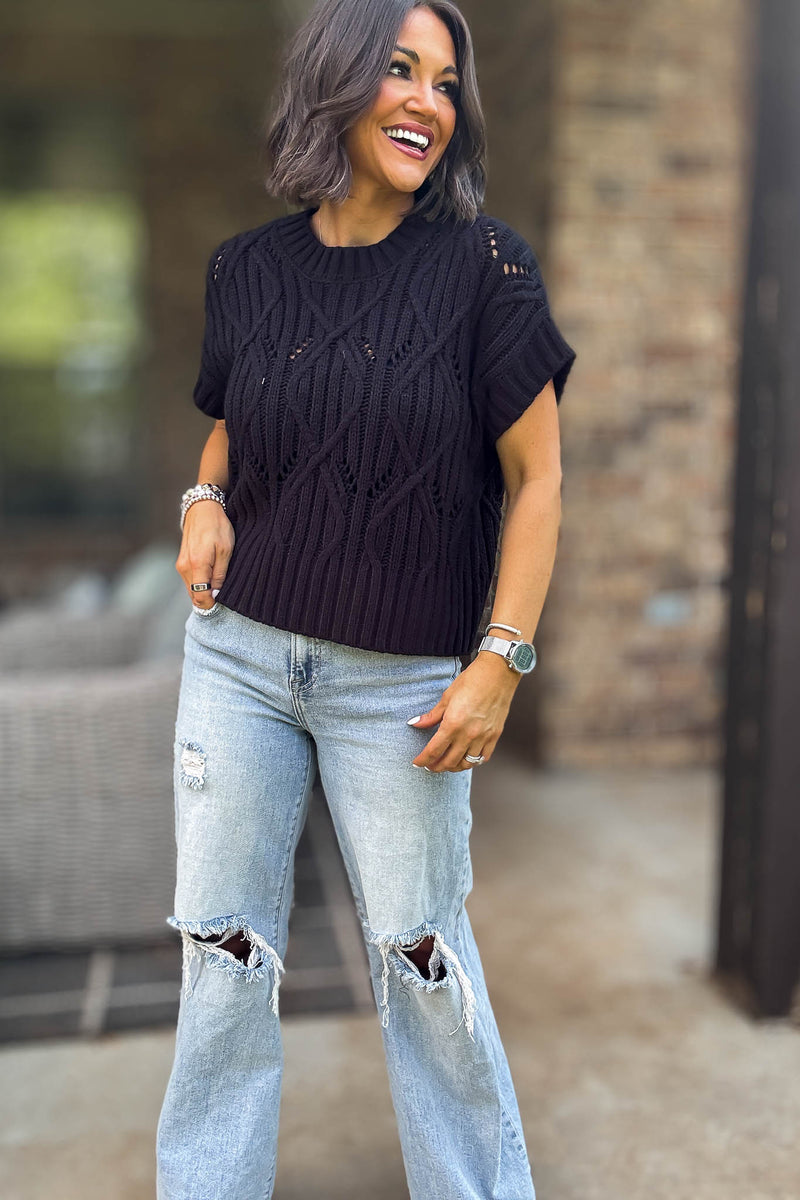 Perfect Black Cable Knit Short Sleeve Sweater