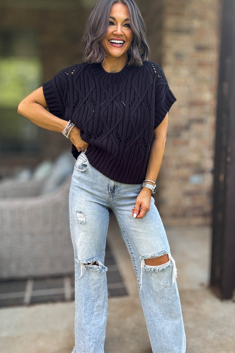 Perfect Black Cable Knit Short Sleeve Sweater