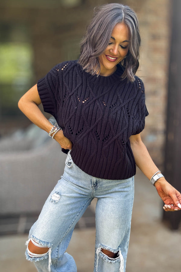 Perfect Black Cable Knit Short Sleeve Sweater