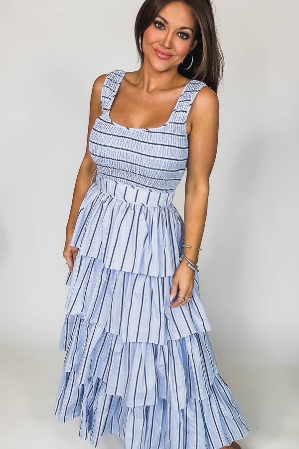 Mable PIN STRIPE SMOCKED BODICE TIERED MIDI DRESS