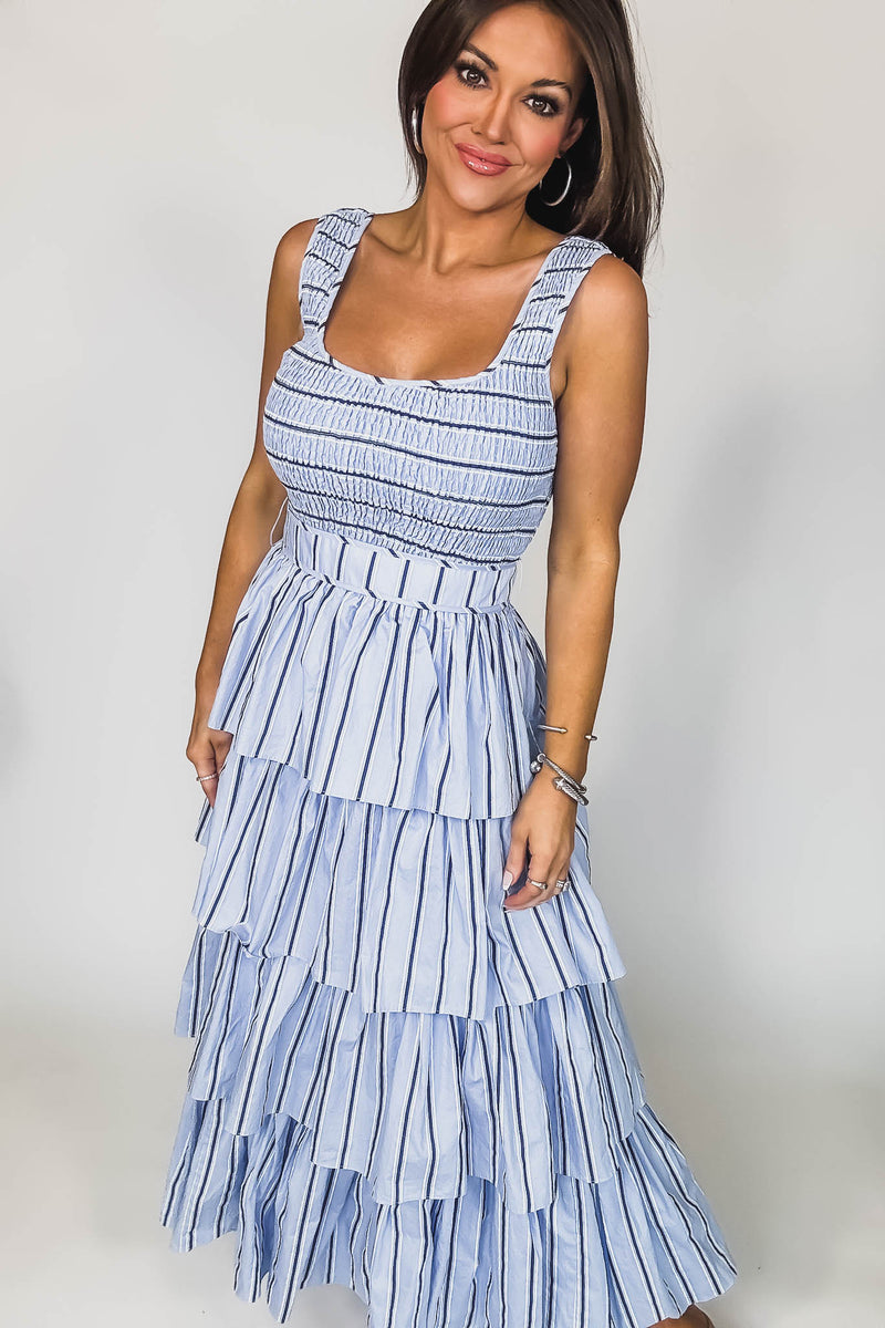 Mable PIN STRIPE SMOCKED BODICE TIERED MIDI DRESS