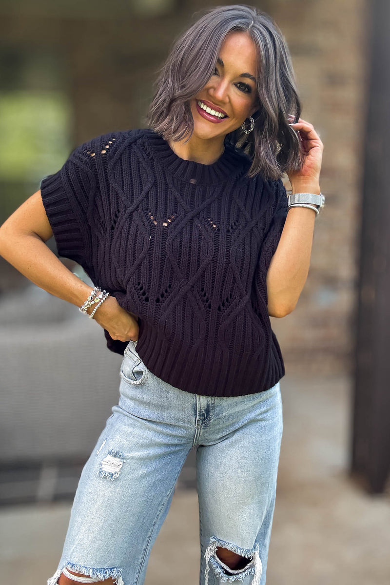 Perfect Black Cable Knit Short Sleeve Sweater