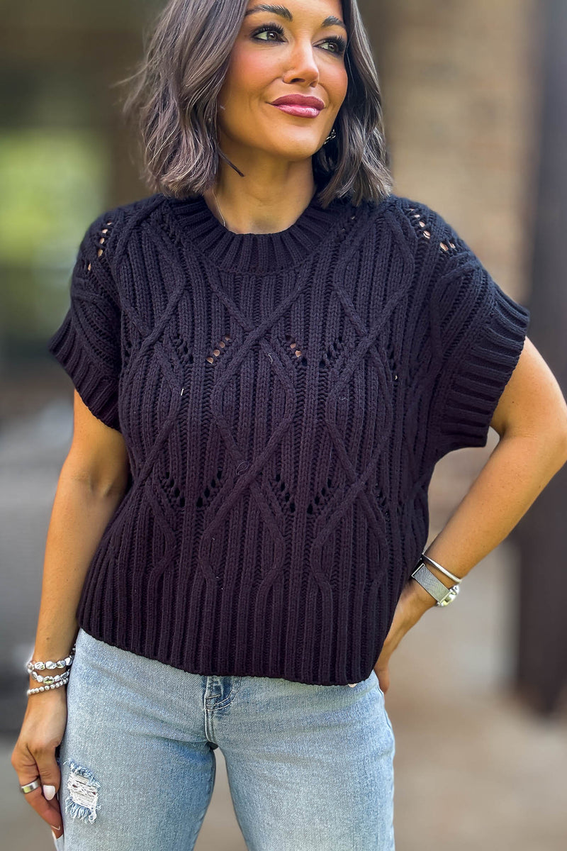 Perfect Black Cable Knit Short Sleeve Sweater