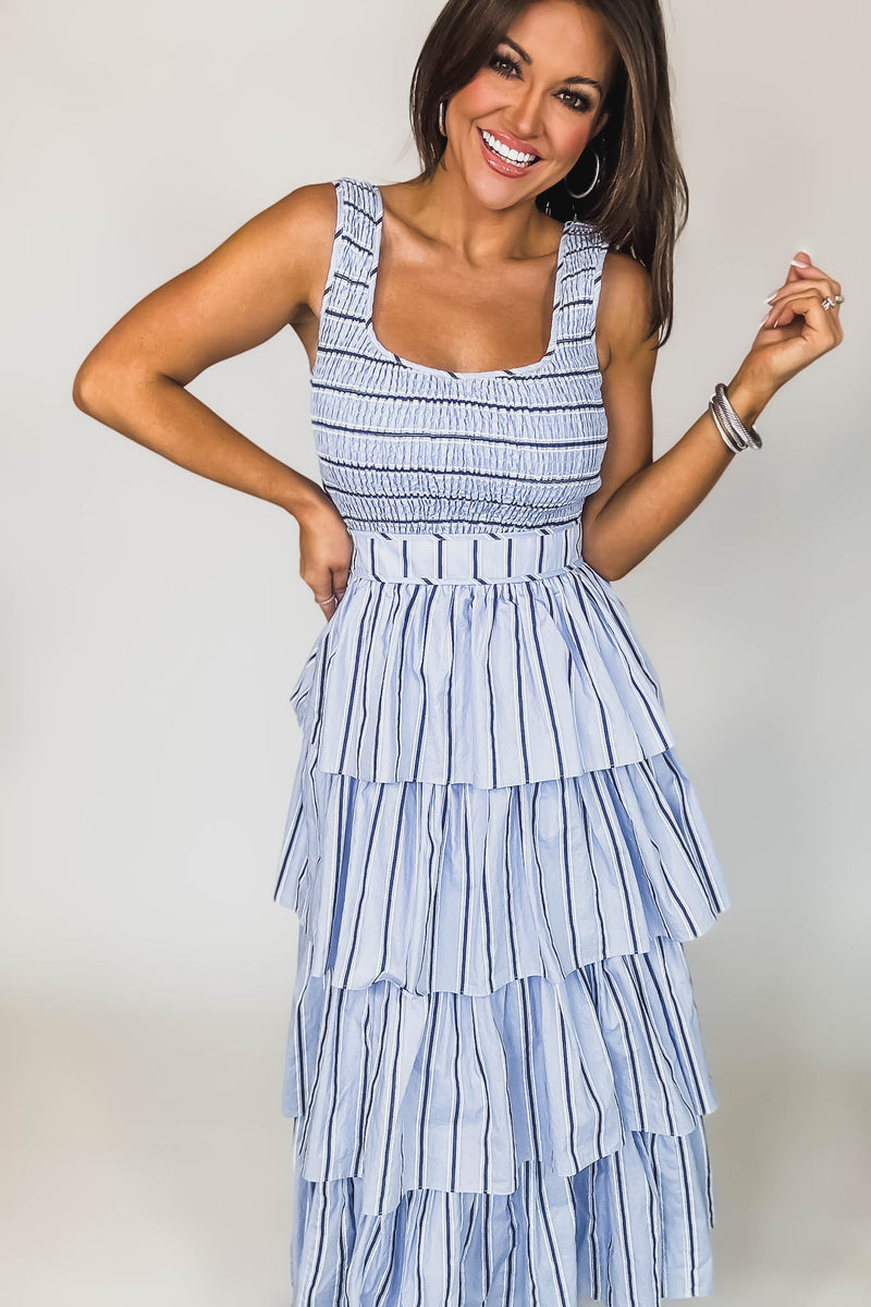 Mable PIN STRIPE SMOCKED BODICE TIERED MIDI DRESS