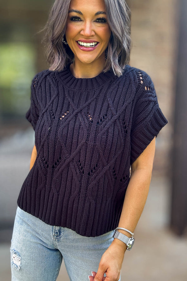 Perfect Black Cable Knit Short Sleeve Sweater