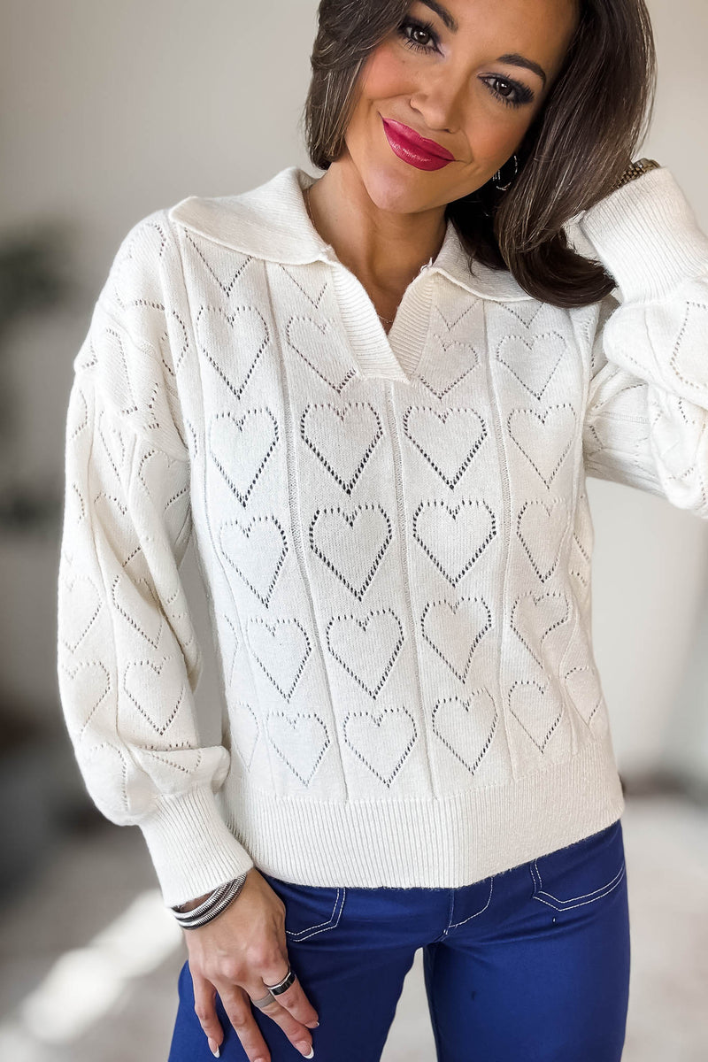 Ivory Heart Pattern Long Sleeve Sweater Top