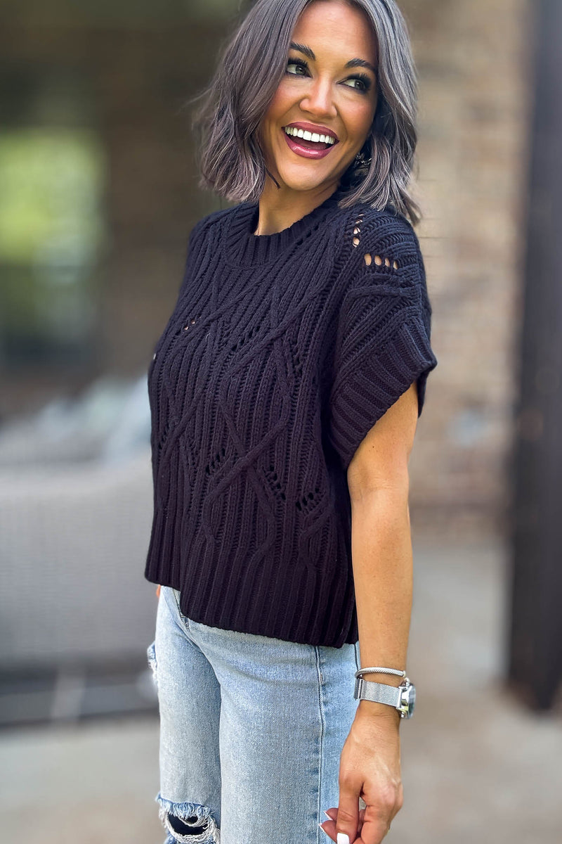 Perfect Black Cable Knit Short Sleeve Sweater
