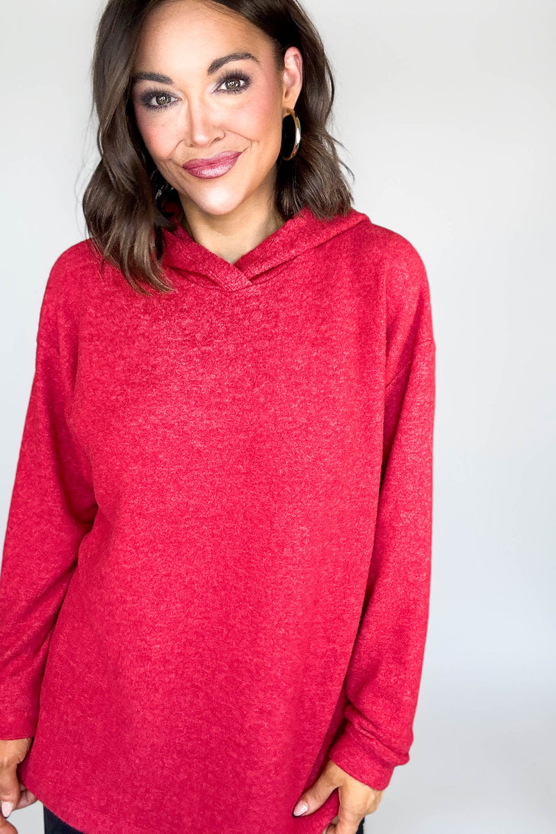 Hooded Red Brushed Melange Hacci Sweater