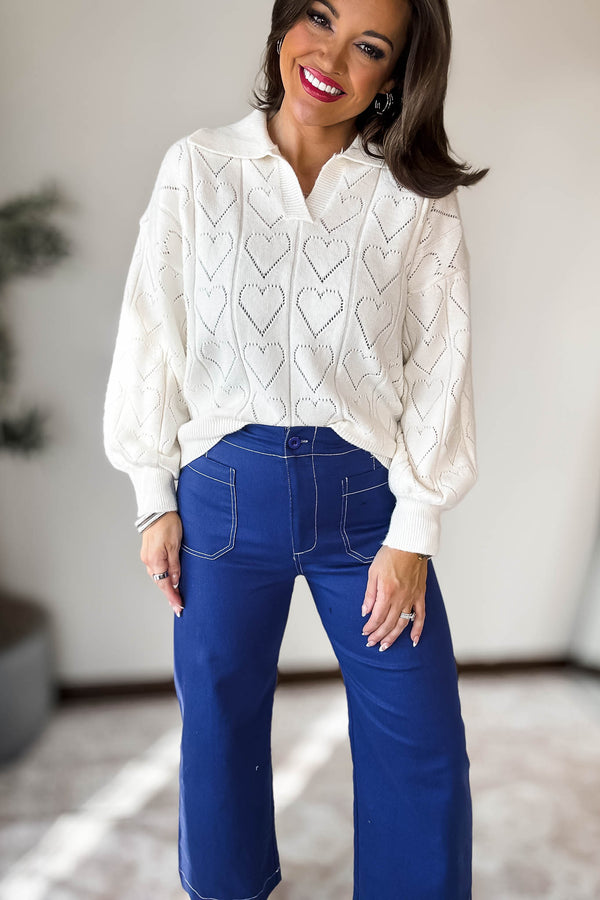 Ivory Heart Pattern Long Sleeve Sweater Top