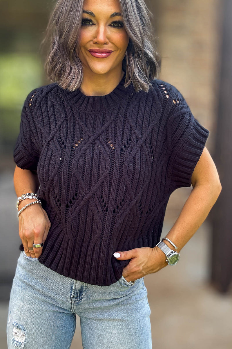 Perfect Black Cable Knit Short Sleeve Sweater