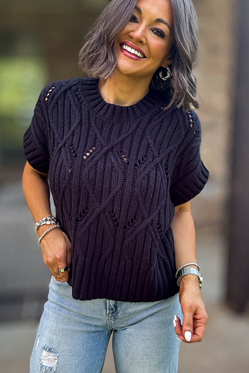 Perfect Black Cable Knit Short Sleeve Sweater
