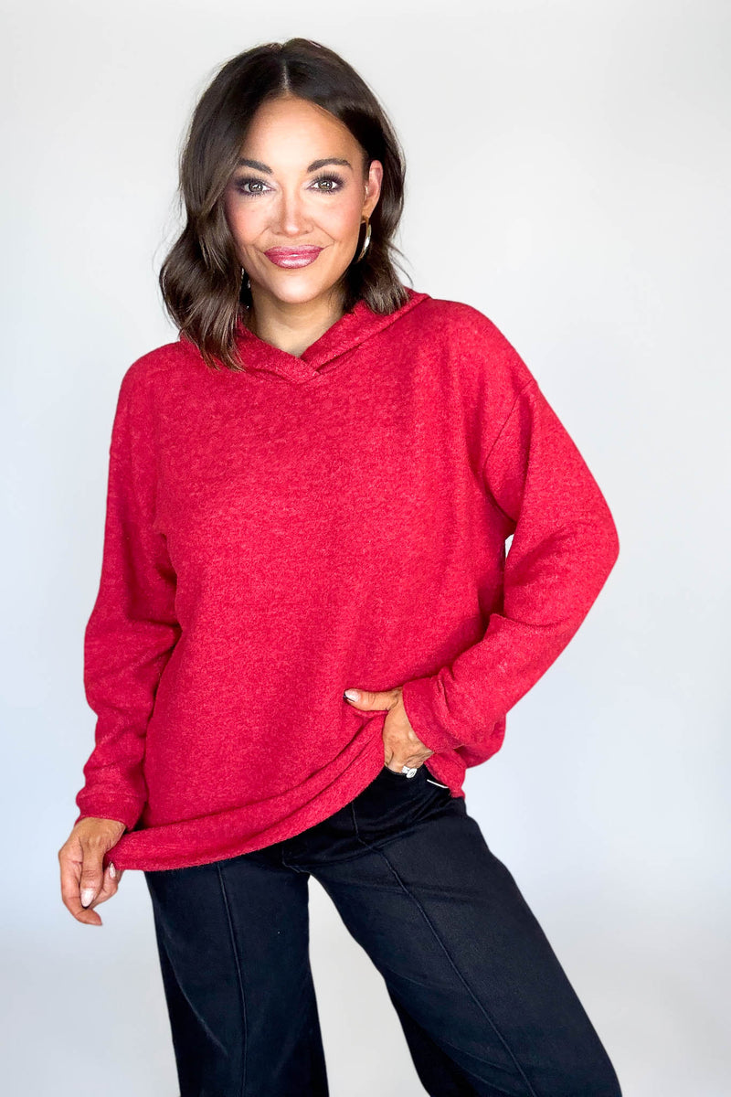 Hooded Red Brushed Melange Hacci Sweater