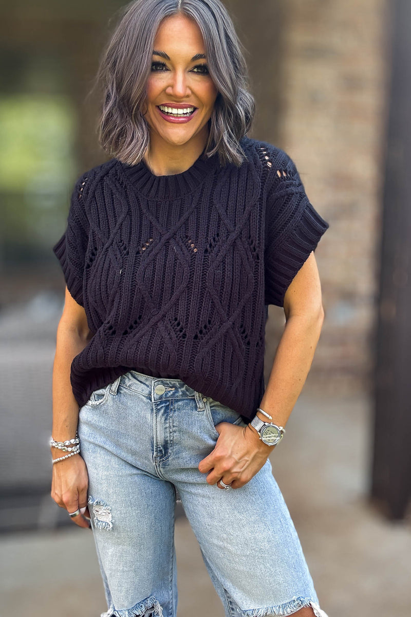 Perfect Black Cable Knit Short Sleeve Sweater