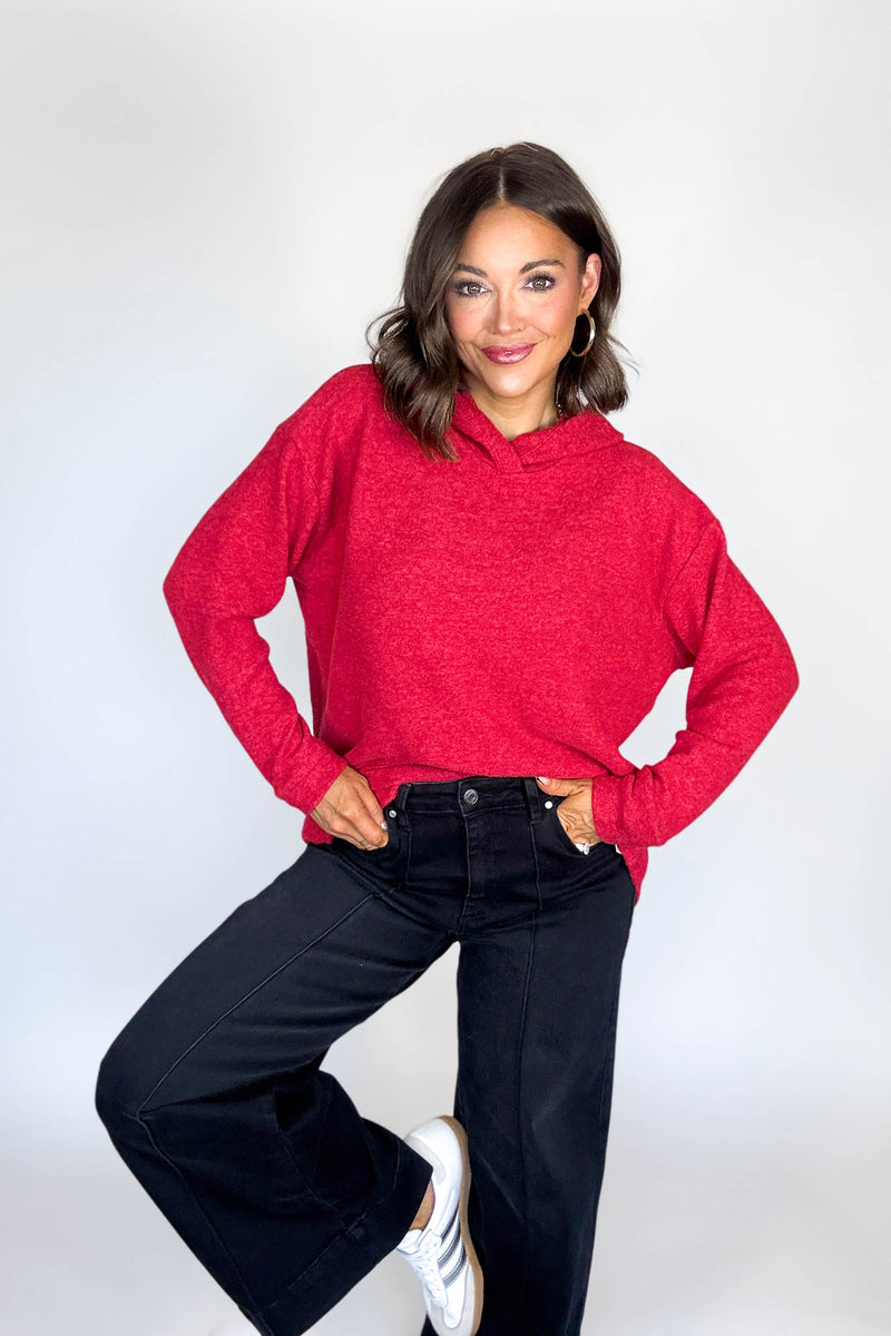 Hooded Red Brushed Melange Hacci Sweater