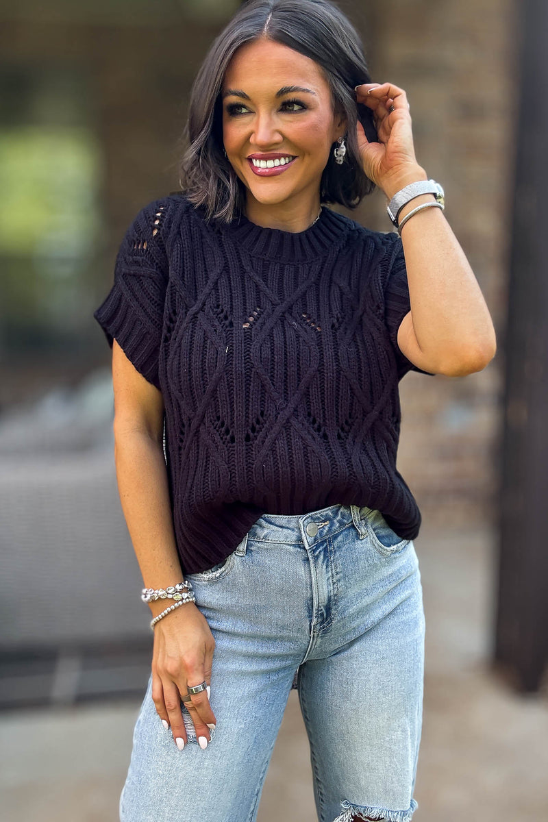 Perfect Black Cable Knit Short Sleeve Sweater