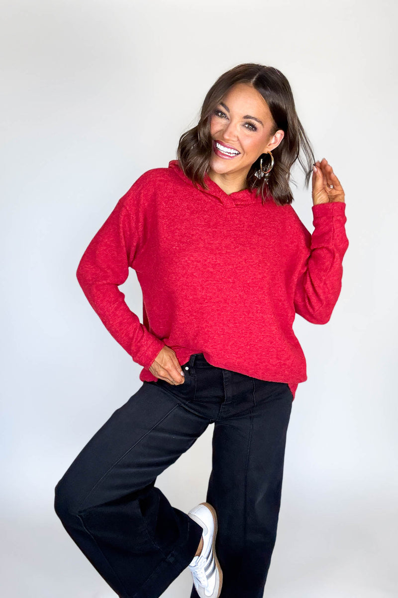 Hooded Red Brushed Melange Hacci Sweater