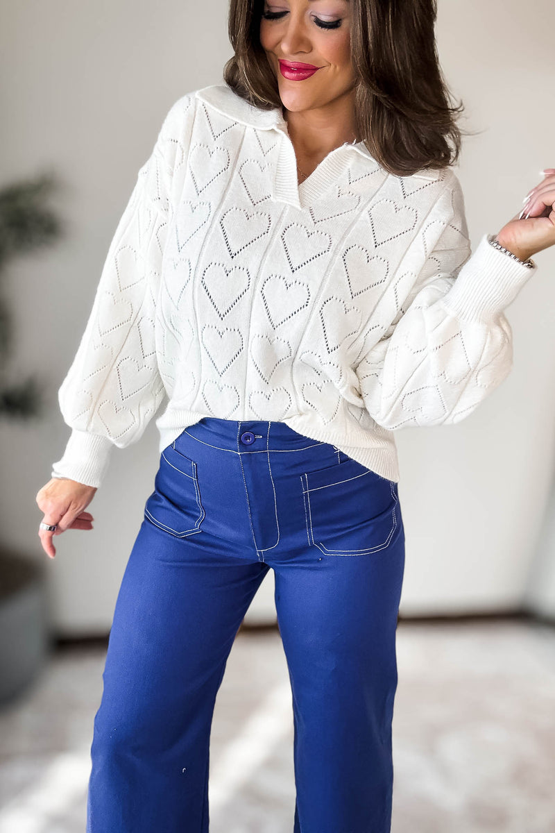 Ivory Heart Pattern Long Sleeve Sweater Top
