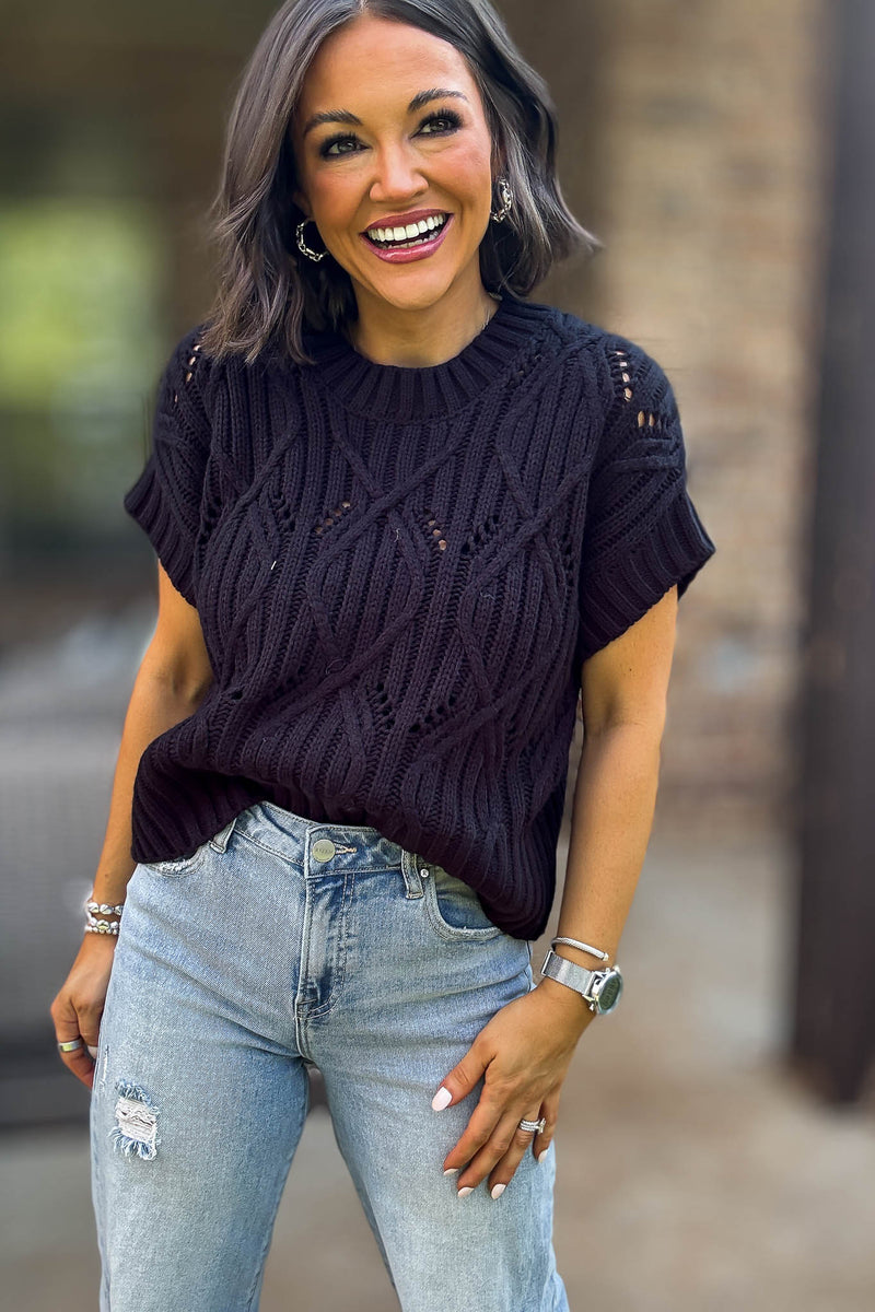 Perfect Black Cable Knit Short Sleeve Sweater
