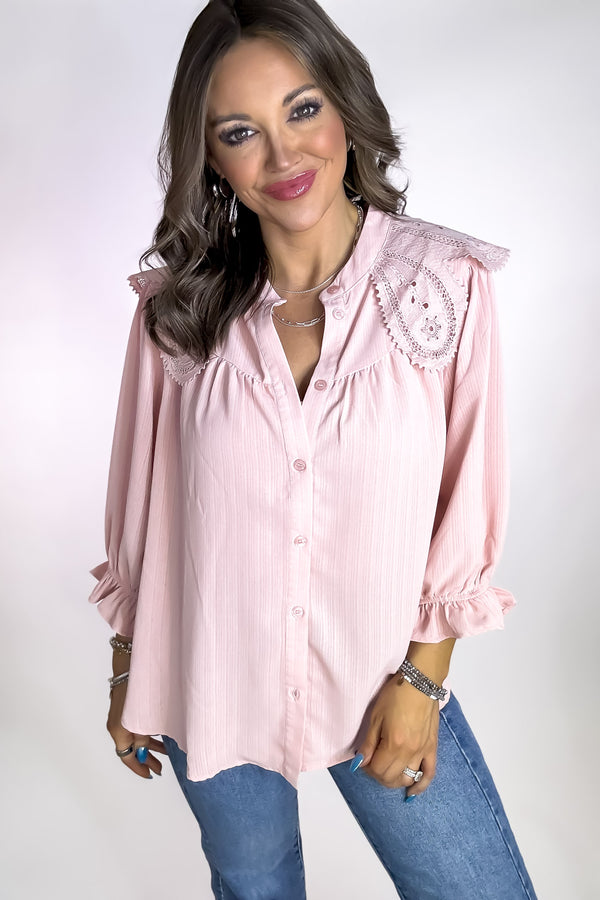 Blush Embroidered Crochet Accent Pleated Blouse