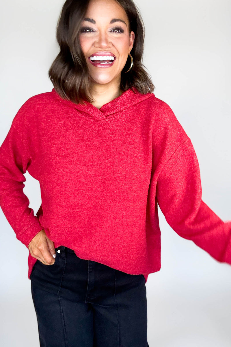 Hooded Red Brushed Melange Hacci Sweater