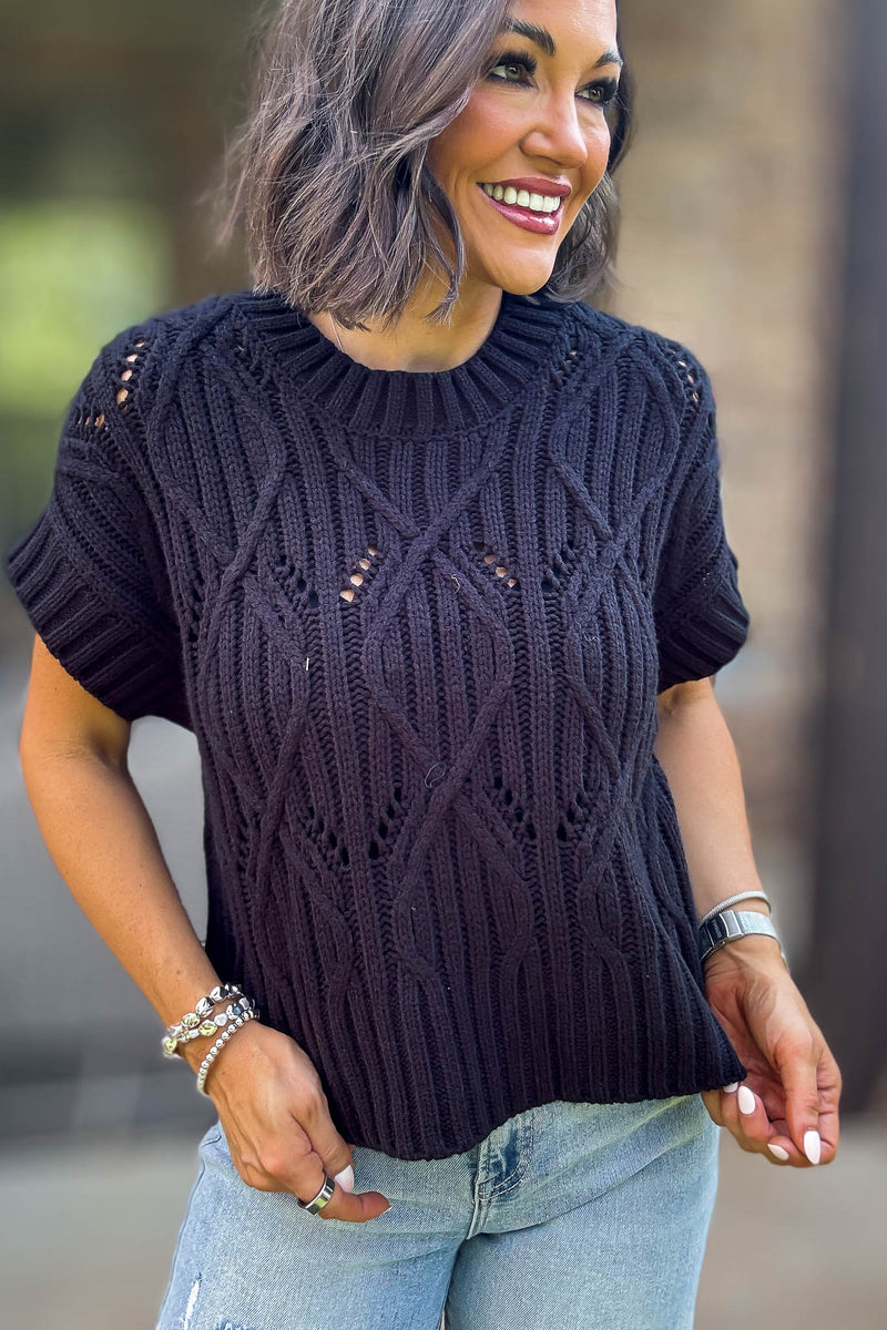 Perfect Black Cable Knit Short Sleeve Sweater