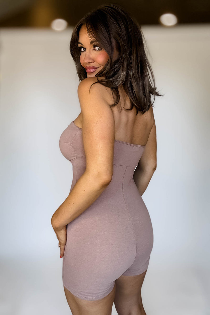 Strapless Twisted Taupe Detail Biker Suit