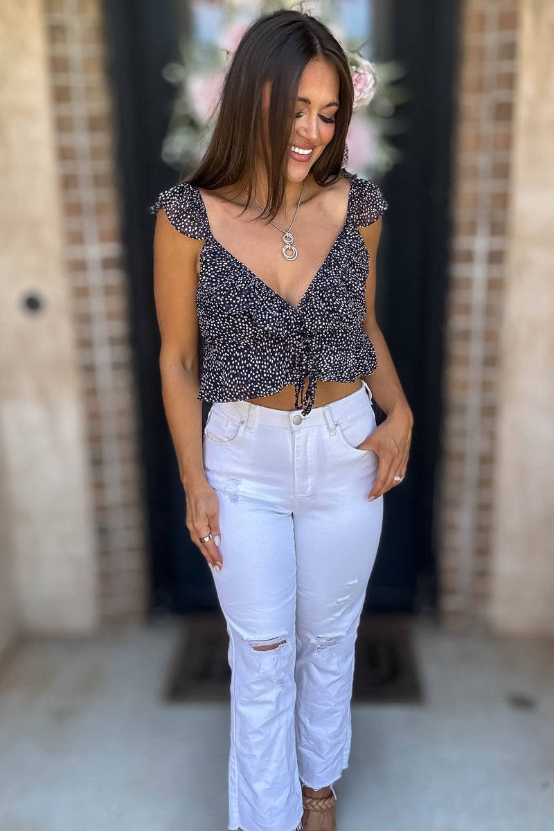 Navy Floral Print Ruffle Crop Top