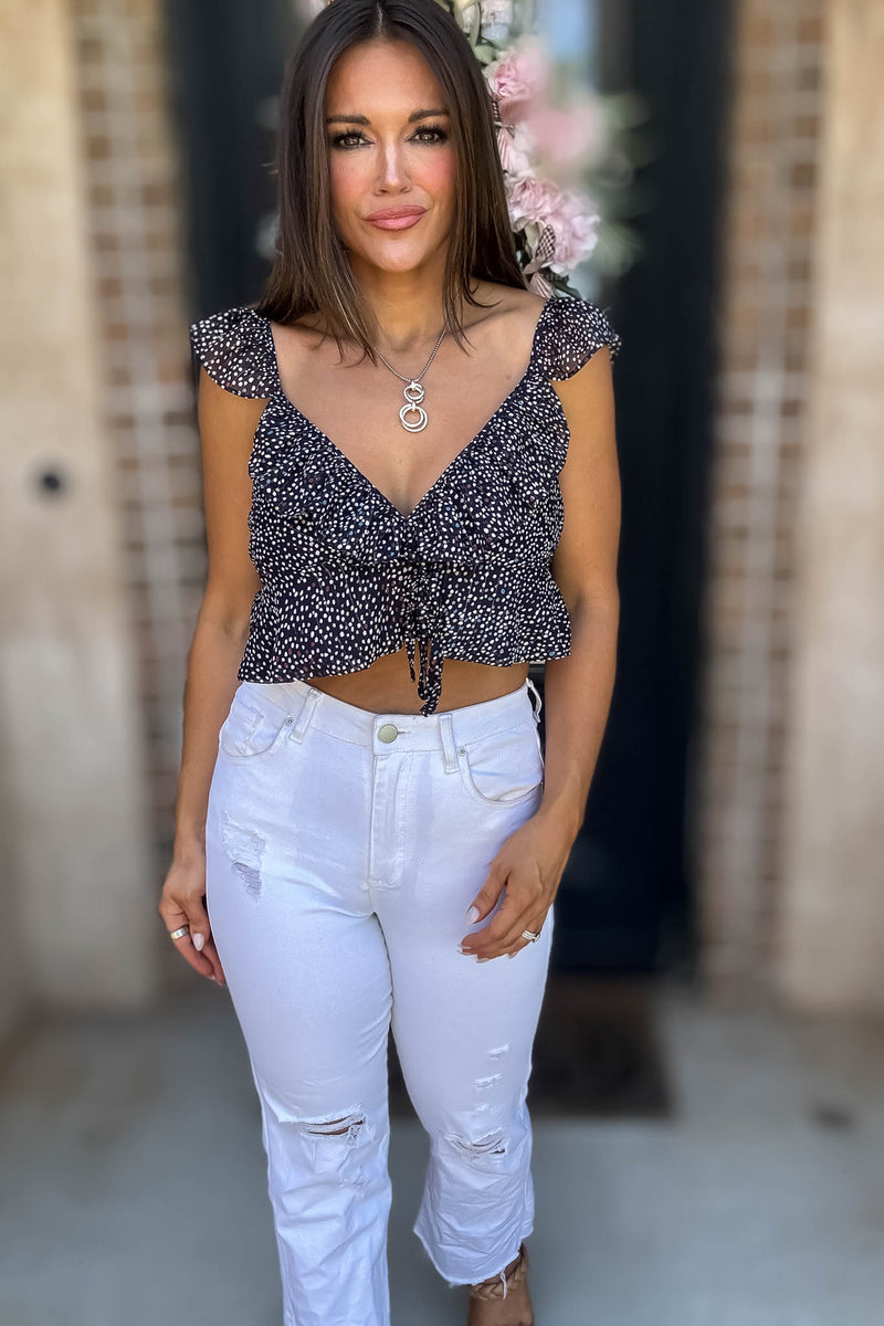 Navy Floral Print Ruffle Crop Top