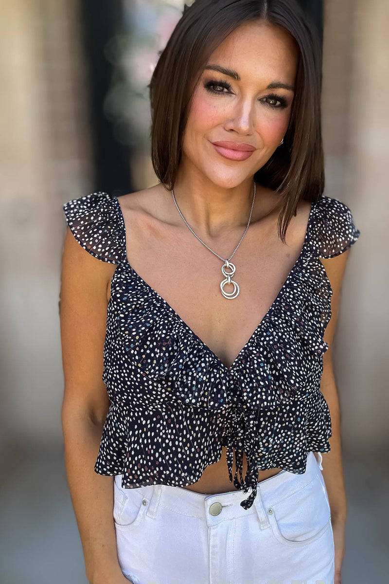 Navy Floral Print Ruffle Crop Top