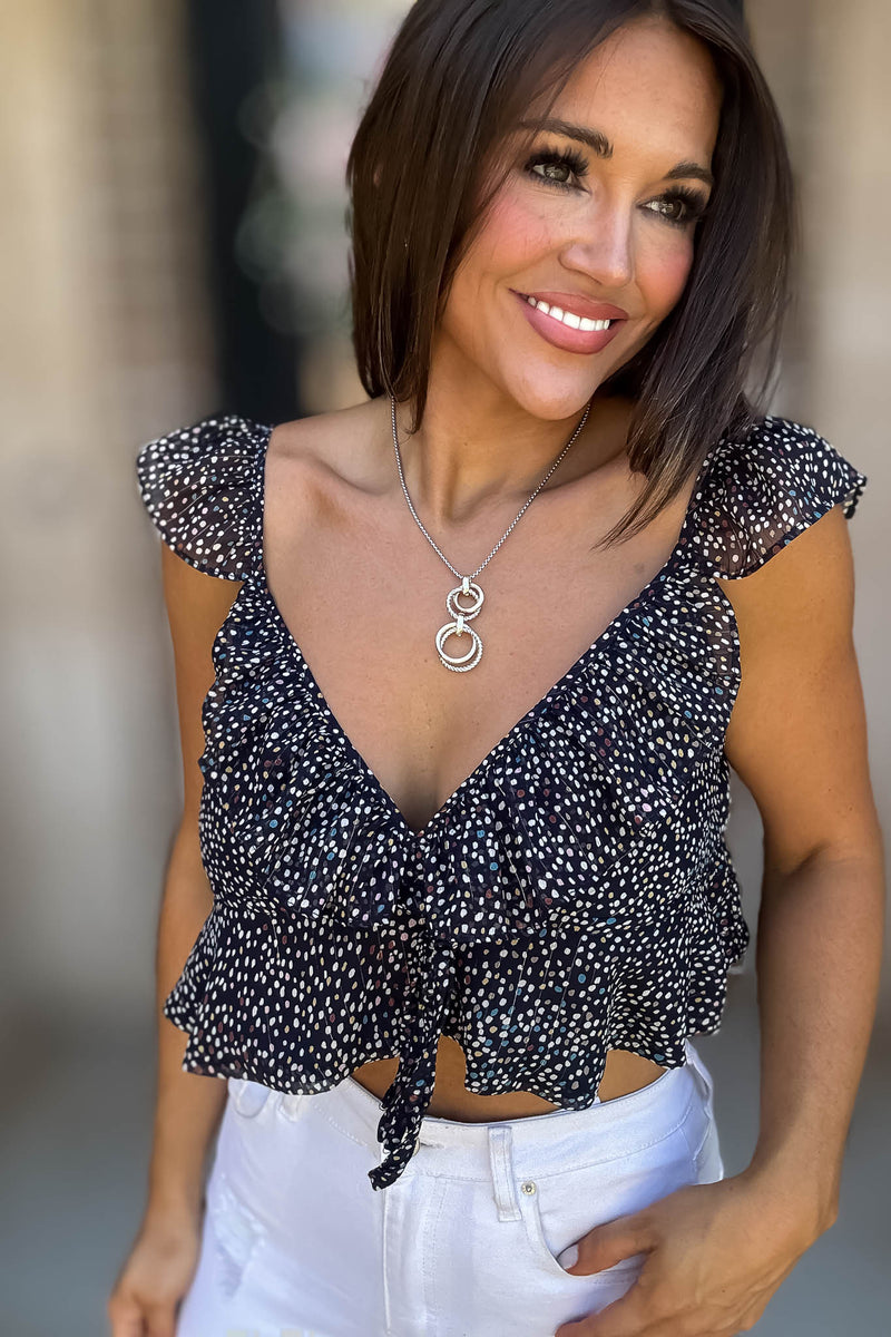 Navy Floral Print Ruffle Crop Top