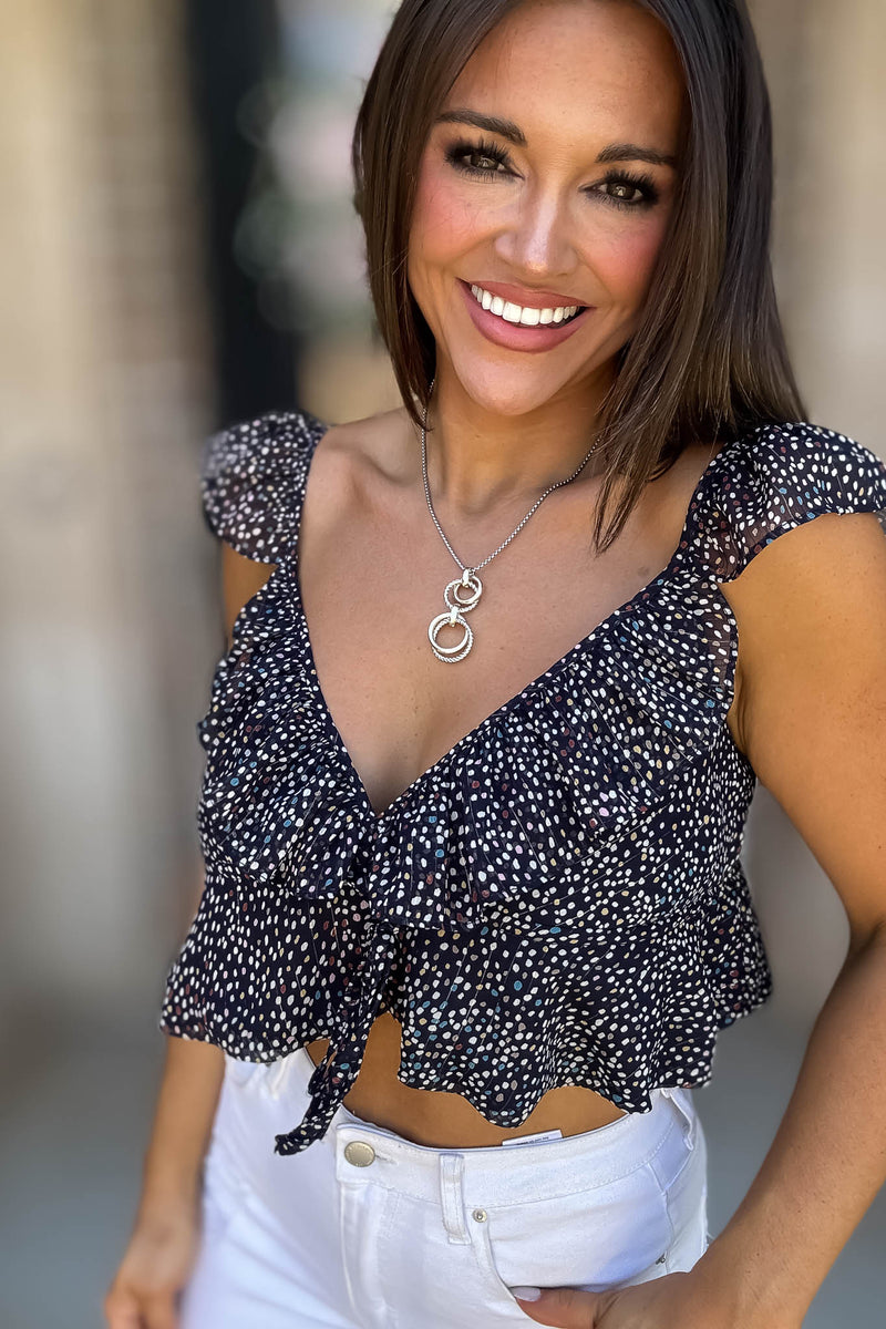 Navy Floral Print Ruffle Crop Top