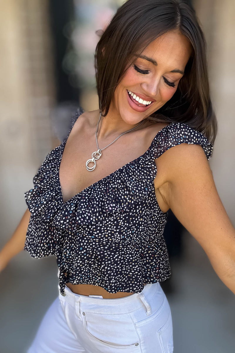 Navy Floral Print Ruffle Crop Top