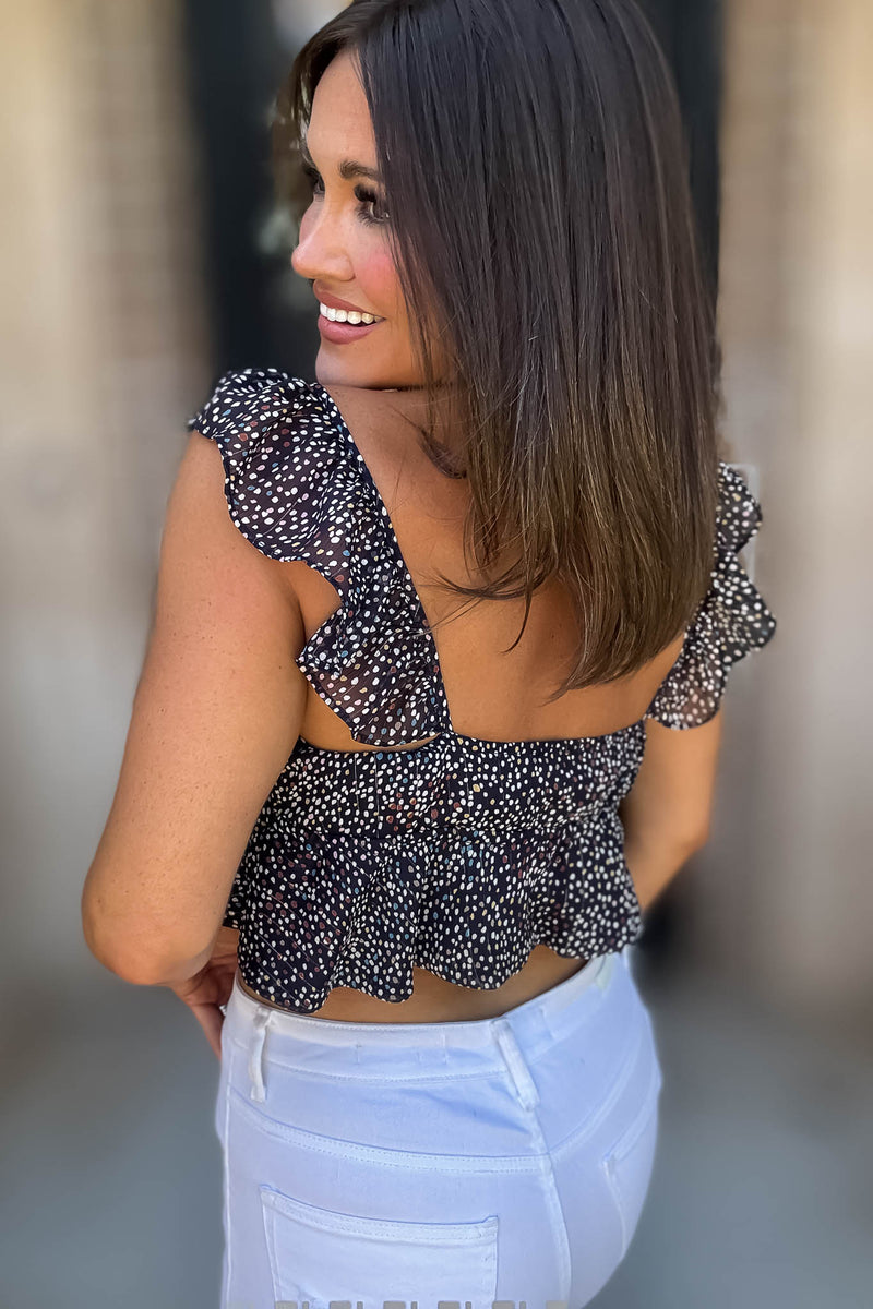 Navy Floral Print Ruffle Crop Top