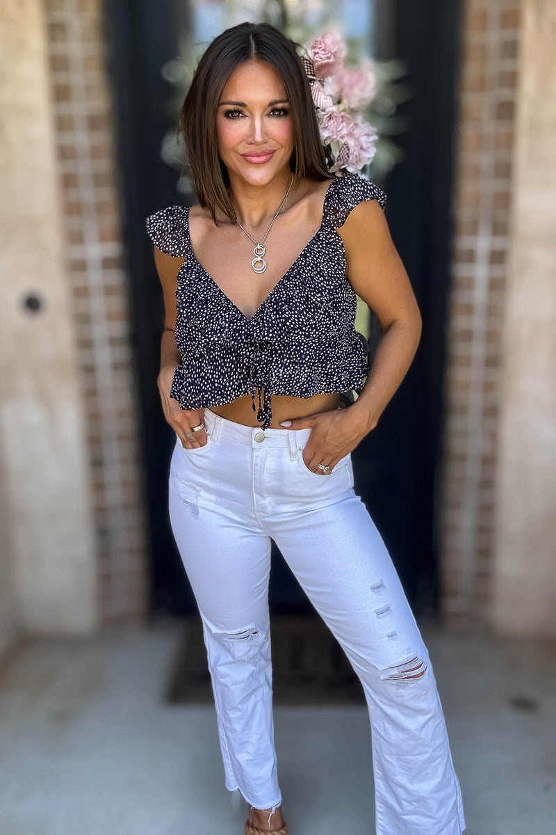 Navy Floral Print Ruffle Crop Top