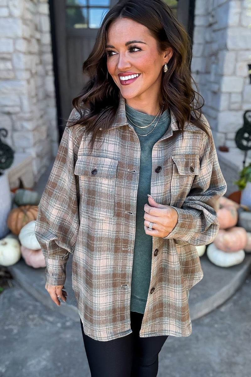 Let's Stay In Camp Green Plaid Button Down Shirt
