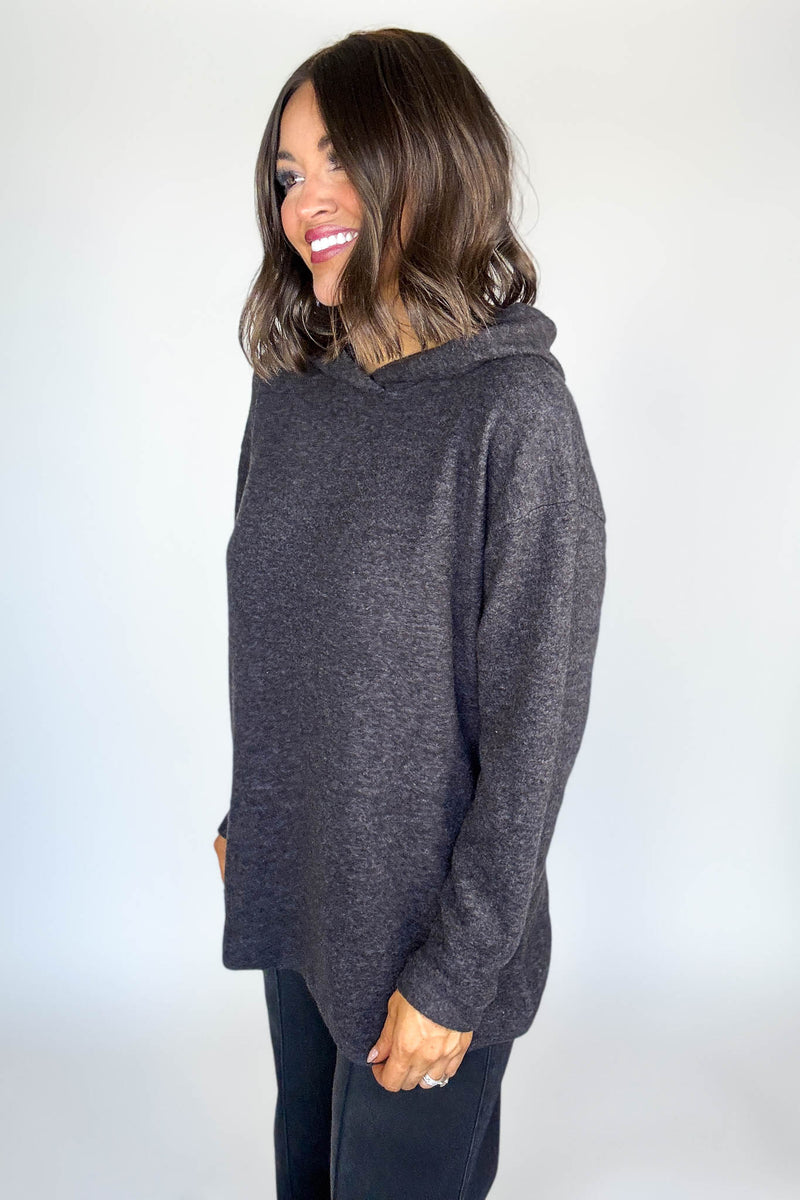 Hooded Black Brushed Melange Hacci Sweater