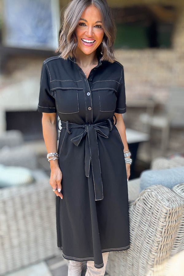 Black Short Sleeve Knit Button Down Midi Dress