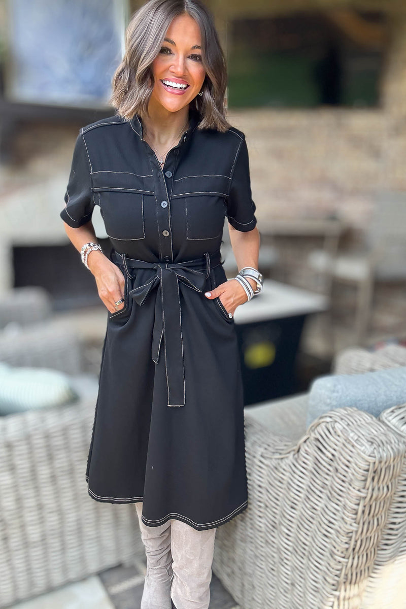 Black Short Sleeve Knit Button Down Midi Dress