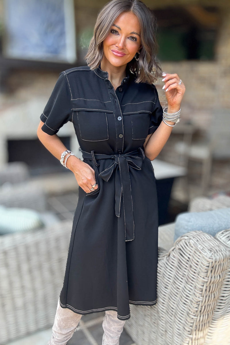 Black Short Sleeve Knit Button Down Midi Dress