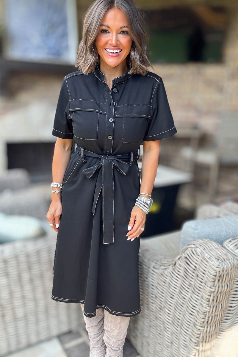 Black Short Sleeve Knit Button Down Midi Dress