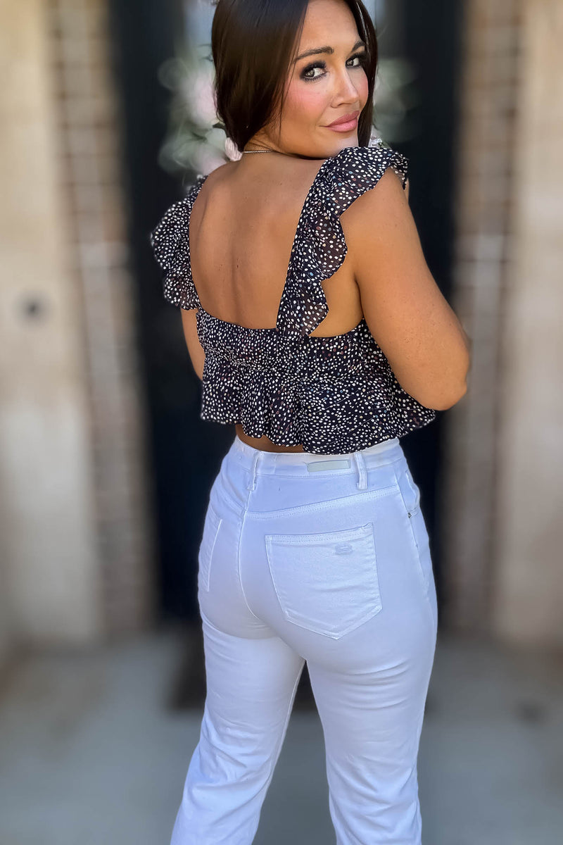 Navy Floral Print Ruffle Crop Top